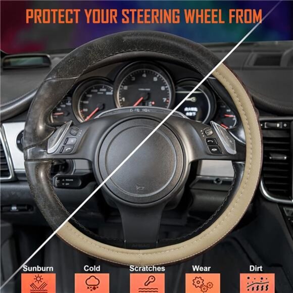 Wood Grain 14.5-15 inch Microfiber Leather Steering Wheel Cover, Anti-Slip - Picture 5 of 7